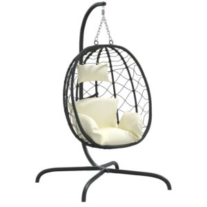 vidaXL krémfehér polyrattan és acél függő tojás alakú szék párnával